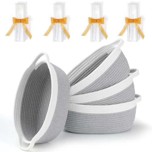 4 Pack Small Woven Basket with Handles, Cotton Rope Room Shelf Storage Basket, Cute Baby Gift Basket for Nursery, Bedroom - Cat Dog Toys Basket, Empty Decorative Gift Chest Box, All 12"x 8"x 5",Grey - color: 4 Pack Grey