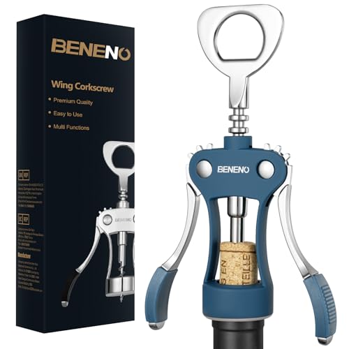 Beneno Wine Opener, Premium Wing Corkscrew Wine Bottle Opener, Blue | Durable Solid Zinc Alloy Body, Precise Sharp-Edged Screw, Ergonomic Non-Slip Grip Wing Handle, Multifunctional Bottle Openers - color: Blue