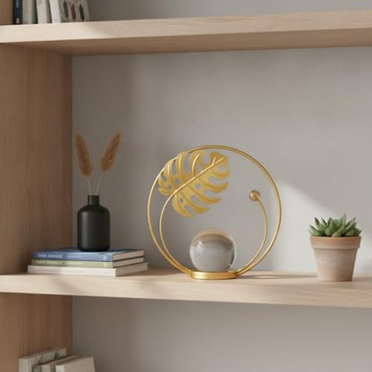 for Shelf, Desk, or Console Table Display: Modern Geometric Metal Leaf and Crystal Ball Sculpture Accent (1 PC) - size: 5.31 x 5.31 x 5.31 in