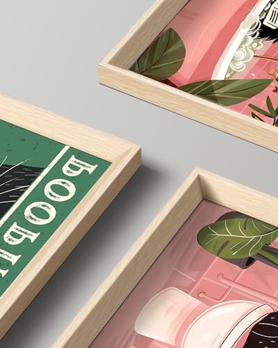 UPWOIGH Funny Cat Framed Bathroom Wall Art, 12 x 16 Inch, Set of 3 | Black Cats Reading and Bathing, Are You Pooping Quote, Pink and Green Prints, Beige Oak Frames for Restroom and Powder Room - color: pink and Blue