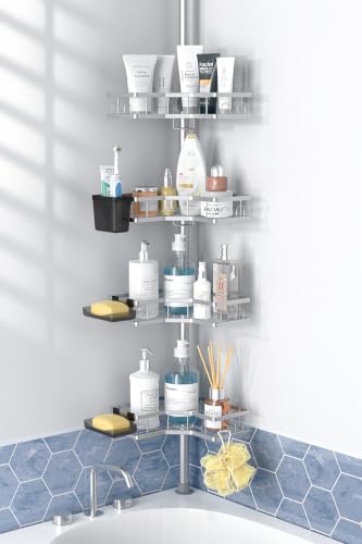 Adjustable Shower Caddy Tension Pole: Rustproof Corner Bathroom Shelves | 4-Tier 31-124" No Drill Standing Organizer Fits Apartments Rentals Bathroom Bathtub, for Shampoo, Conditioner, Bath Essential - color: Chrome