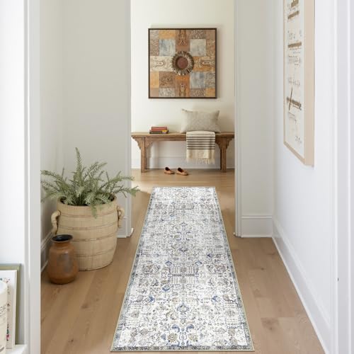 jinchan Distressed Vintage Medallion Runner, 2x7 Blue, Washable Non Slip | Distressed Finish, Low Profile, Soft Comfort, Easy Care, Pet Friendly, Entryway Kitchen Laundry Room Bathroom Decor - color: Vintage Blue Multi, size: 2' x 7' (Rectangular)