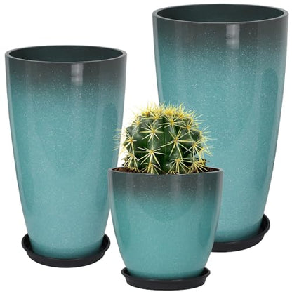 Neoaider Set of 3 Tall Planter, 24/21/12in Large Plastic Planter, Sky Blue | Ceramic-Look, Lightweight, Built-in Drain Hole, Saucers, Tall Outdoor Planter for Porch, Garden, Patio, Balcony - color: Sky Blue