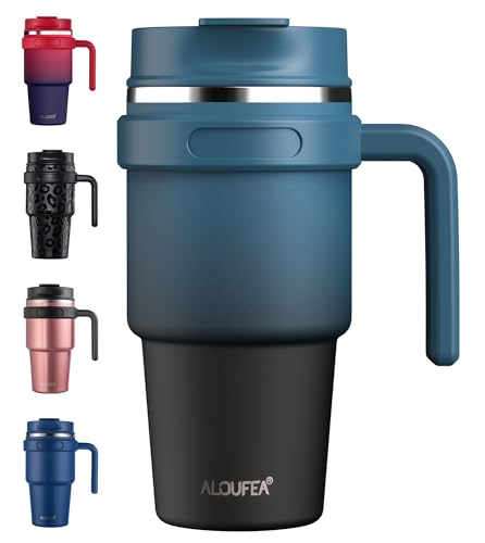 20 oz Insulated Travel Coffee Mug Tumbler with Handle and Straw | Leakproof Stainless Steel Coffee Cup with Lid, Double Wall Vacuum Ice Thermal Cup, Indigo Black - color: .Indigo Black, size: 20 Ounces