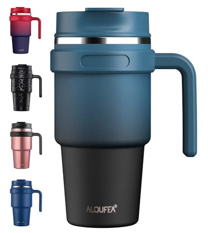 20 oz Insulated Travel Coffee Mug Tumbler with Handle and Straw | Leakproof Stainless Steel Coffee Cup with Lid, Double Wall Vacuum Ice Thermal Cup, Indigo Black - color: .Indigo Black, size: 20 Ounces