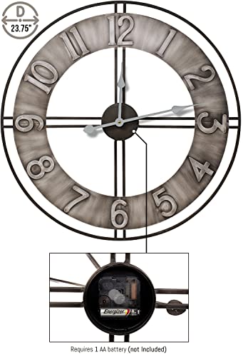 Sorbus Large Wall Clock, 24" Decorative for Kitchen, Bedrooms, Office, Analog Modern Farmhouse Style. Silent, Round Chunky Number, Home Decor, Quartz Battery Operated, Gray Metal