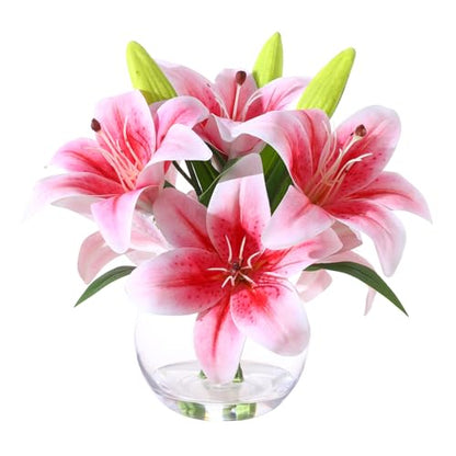 Artificial Tiger Lily Arrangement in Glass Vase, Realistic Touch Silk Flowers, FakeLilies with Faux Water - color: Light Pink