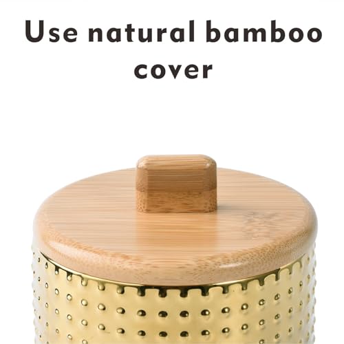 Salt Cellar Keeper with Bamboo Lid, 14oz Big Capacity Ceramic Sugar Bowls Pepper Box, Golden Water Dot Seasoning Container Condiment Pot for Kitchen (Gold Color) - color: Gold