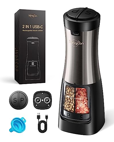 Sangcon Electric Salt and Pepper Grinder Set Shakers 2 IN 1 - USB RECHARGEABLE Salt and Pepper Mill Set All in One, Automatic Refillable Adjustable Coarseness Ceramic Grinder with Light - color: Gunmetal Classic