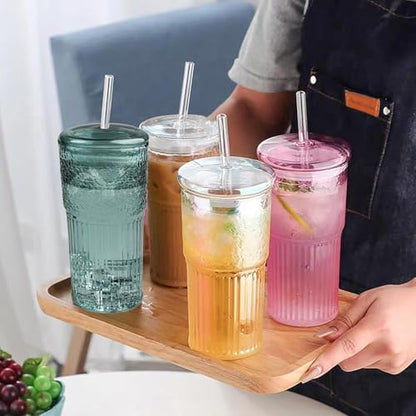 JunVpic Glass Coffee Tumbler, 20 oz Glass Cup with Lid and Straw | Pink glass design, Hammered Texture, reusable straw and lid for iced coffee, tea, smoothies and hot & cold drink - color: Pink, size: 20oz