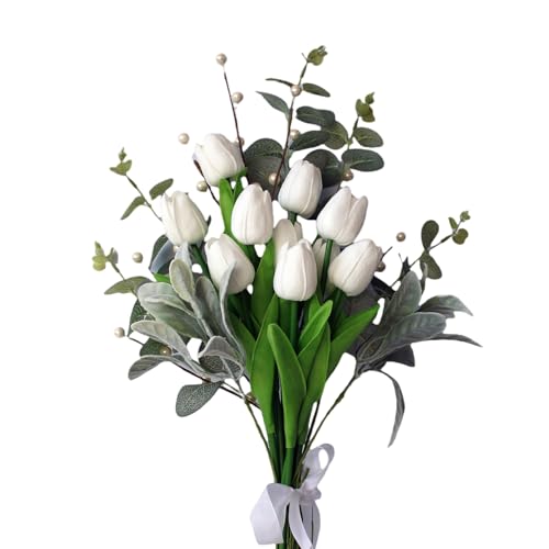 18 Stems White Artificial Tulip Bouquet with Eucalyptus | Real touch petals, pearl berries, bendable stems, elegant centerpiece, dining table decor, no vase - color: White
