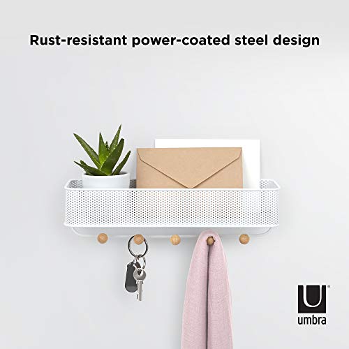 Umbra Estique Entryway Organizer, Wall Mount Key Holder, White/Natural | Steel construction, perforated mail bin, five wooden knob hooks, hidden mounting hardware, holds up to 5 lbs - size: Small