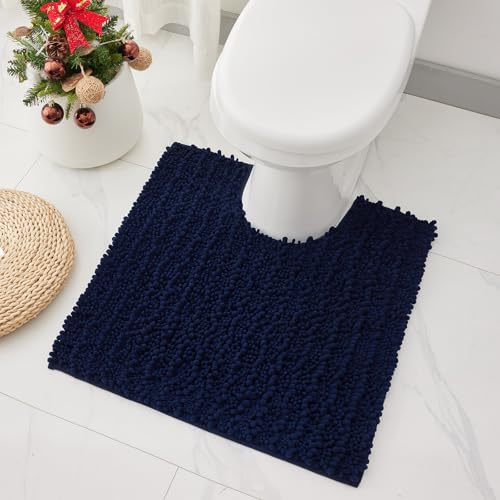 Toilet Rugs U-Shaped Mat 24x24, Contour Bathroom Mat - Ultra Soft & Absorbent Chenille, Quick-Dry, Machine Washable with Non Slip Barrier Backing, Navy Blue - color: Navy, size: 24" X 24"(Toilet Rug)
