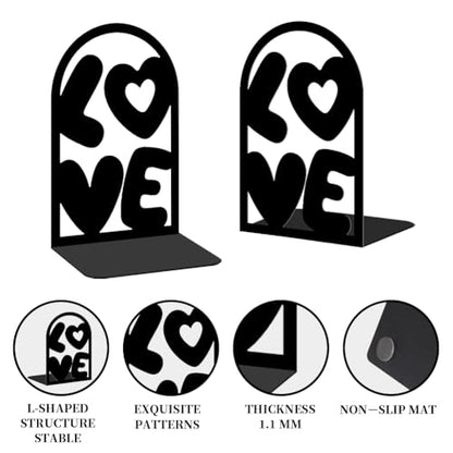 Decorative Book Ends, 2 Pcs Love Decor Metal Bookends Rectangular Black Bookends for Shelf Decoration and Book Organization - style: Love
