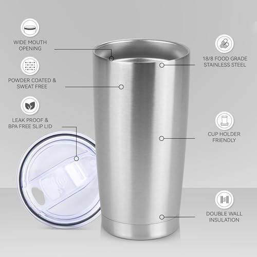 20 oz Tumbler Stainless Steel Tumblers Bulk with Lid Double Wall Insulated Coffee Tumbler Cups for Hot & Cold Drinks Powder Coated Travel Coffee Tumbler Mug Metal (Stainless Steel, 6 pack) - color: Stainless Steel, size: 20 ounces (6 pack)