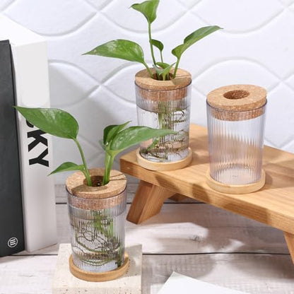 9 Packs Propagation Vases for Plants Plastic Plant Propagation Station with Hole Lid and Bamboo Stand Growing in Water Hydroponic Home Office Table Decoration(Stripe Style) - style: Stripe Style