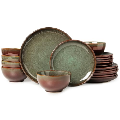 Stoneware Dinnerware Sets for 6, 18 Pieces Ceramic Plates and Bowls Sets, Chip and Scratch Resistant Dish Set, Dishwasher & Microwave Safe Plate Set, Brown Green - color: Brown Green, size: 18pcs (for 6)