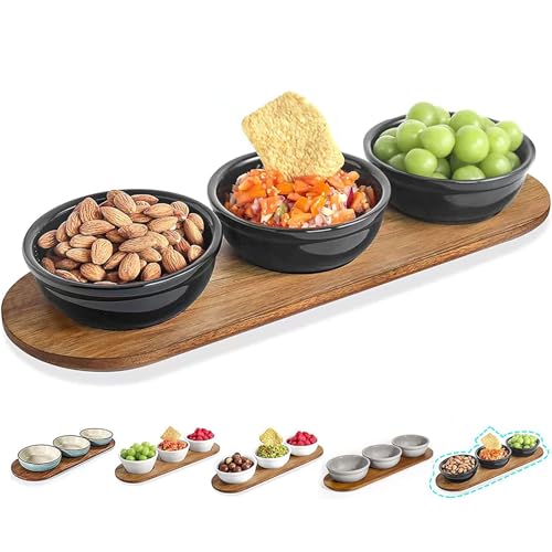 12 oz Solid Ceramic Chip and Dip Serving Set with Acacia Wooden Tray, 5-inch Black Dipping Bowls, Small Serving Bowls for Side Dishes, Salsa, Appetizer, Serving Dishes for Entertaining - color: Black, size: 5 inch