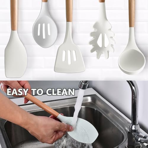 Kitchen Cooking Utensils Set 6Pcs Non-Stick Silicone Kitchen Utensils Spatula Spoon Turner Ladle Pasta Server, Heat Resistant Wooden Handle Silicone Cooking Gadgets Sets for Cookware & Baking - color: White, size: Standard 6-Piece Set
