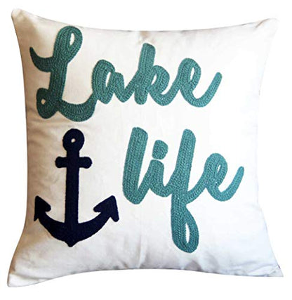 Embroidered Lake Life Throw Pillow Cover,Square 18 inches Decorative Canvas Pillow Cover with Lake Life Pattern,Cover Only