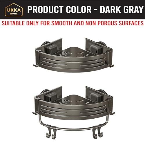 Suction Cup Corner Shower Caddy with Hooks and Towel Bar for Bathroom. Aluminum, Reusable, Rustproof, No Drill, No Tools, No Glue. Multifunctional, Hang Towel, Loofah, Sponge (2 Pack, Gray)