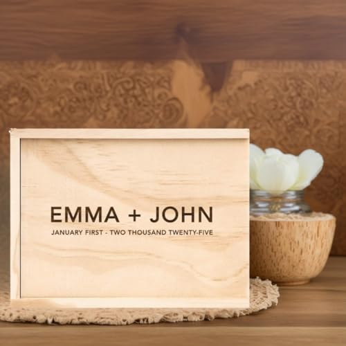 Koyal Wholesale Custom Engraved Minimal Couple Names Wedding Keepsake Box, 4 x 6 -inch, Custom Date, Natural Wood Keepsake Box with Lid, Gift for Him & Her Photo Album Memory Gift Box - color: Minimal Couple Names