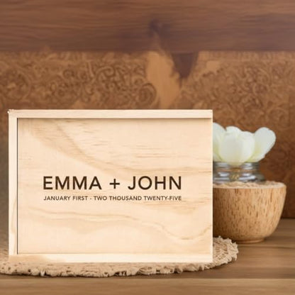 Koyal Wholesale Custom Engraved Minimal Couple Names Wedding Keepsake Box, 4 x 6 -inch, Custom Date, Natural Wood Keepsake Box with Lid, Gift for Him & Her Photo Album Memory Gift Box - color: Minimal Couple Names