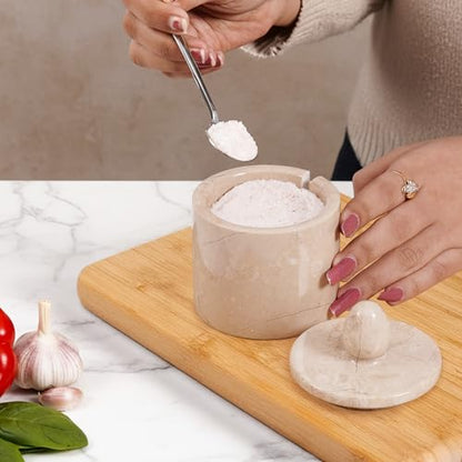 Marble Salt Cellar with Lid 4" Inch Verona Handmade Salt Jar & Table Salt Storage For Kitchen Countertop, Ideal Salt Container, Salt Dish & Sugar Bowl For Table - color: Verona