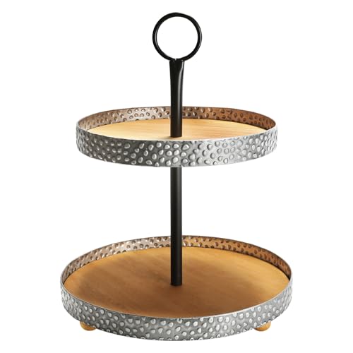 Wooden Two Tiered Tray Stand, Farmhouse Round 2 Tier Decorative Tray with Silver Metal Floral Edge for Home Kitchen Table Decor, Serving Tray for Coffee Bar Party Weddding Holiday Decorations - color: Silver