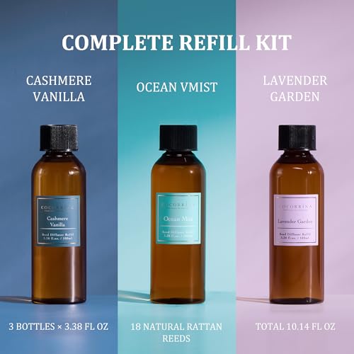 Reed Diffuser Set, 10.2oz Scented Oil Refill 3 Pack, Cashmere Vanilla, Ocean Mist, Lavender Garden, Long Lasting Oil Diffuser Refill with 18 Sticks for Bathroom & Bedroom