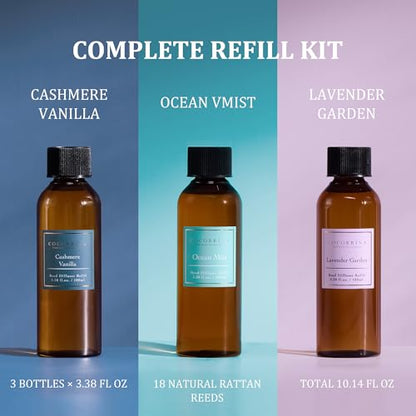Reed Diffuser Set, 10.2oz Scented Oil Refill 3 Pack, Cashmere Vanilla, Ocean Mist, Lavender Garden, Long Lasting Oil Diffuser Refill with 18 Sticks for Bathroom & Bedroom