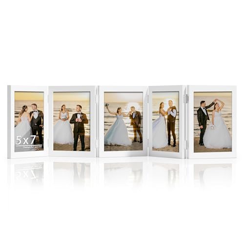DUENPY 5 Folding 5x7 Accordion Wood Frame Plexiglass White | Constructed With Engineered Wood And Plexiglass, Elegant Ornament For Desktop Photo Display - color: White, size: 5x7