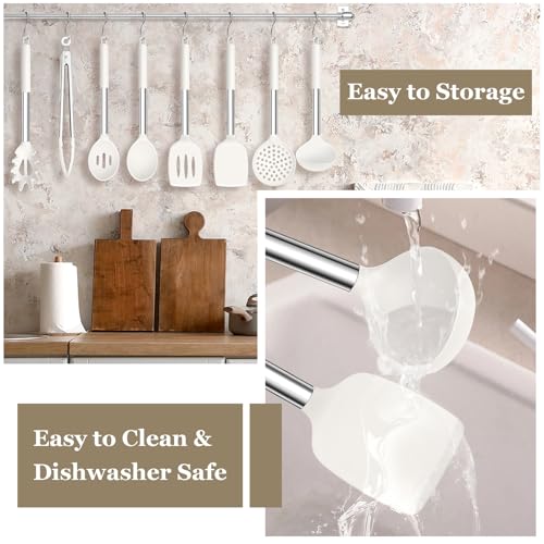 TeamFar Kitchen Utensils Set of 8, Silicone Utensils Kitchen Tools-White | Stainless Steel Handle, for Nonstick Cookware Cooking Stirring Turning, Food Grade & Heat Resistant, Dishwasher Safe - White - color: White