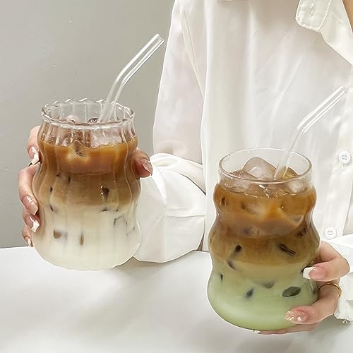 2 Pcs Ribbed Glass Cups, 18 Oz Vintage Drinking Glassware with Wave Design | Iced Coffee Cups Glass, Matcha Glass Bubble Cups for Iced Coffee, Juice, Beverage, Milk, Cocktails, Bubble Tea, and More