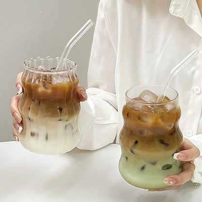 2 Pcs Ribbed Glass Cups, 18 Oz Vintage Drinking Glassware with Wave Design | Iced Coffee Cups Glass, Matcha Glass Bubble Cups for Iced Coffee, Juice, Beverage, Milk, Cocktails, Bubble Tea, and More