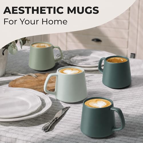 MIAMIO - Coffee Mugs Set of 4, Ceramic, Large (14oz) - Luxe (Evergreen) | Large Ceramic Coffee Mugs for Cappuccino, Tea and Coffee, 4-piece set, Coffee Mugs with saucers - dishwasher safe - color: Evergreen