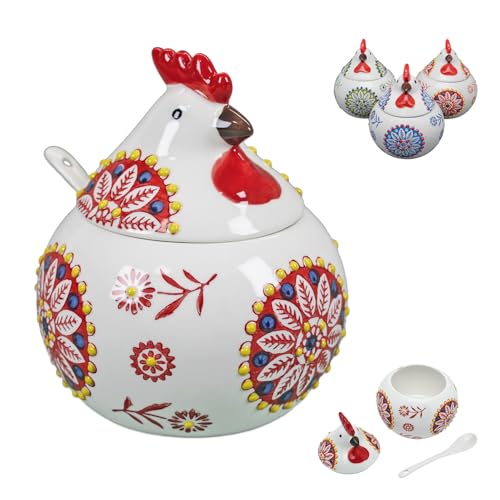 Ceramic Salt Cellar with Lid and Spoon, 13.5 oz Chicken Salt Jar for Countertop, Rooster Salt Holder for Salt, Sugar, Spices, Coffee, Farmhouse Kitchen Decor, Red - color: Red