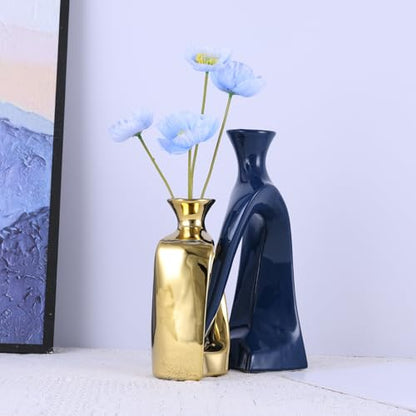 Blue and Gold Ceramic Vases,Pottery Decor Aesthetic Pampas Grass Vase,Midcentury Modern Decor Boho Vase,Unique Donut Vase for Coffee Table Centerpiece,Entry Table Decor (Blue Gold)