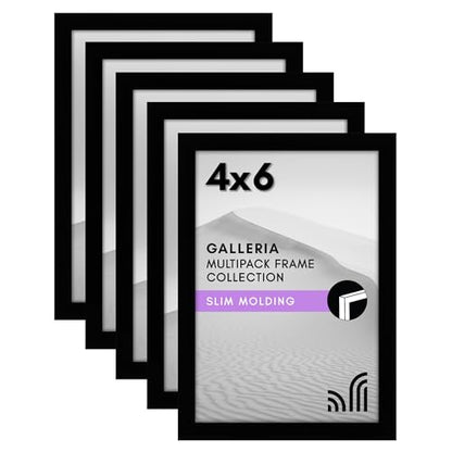 Americanflat 4x6 Picture Frame 5-Pack - Slim Molding - Black | Polished plexiglass front, wall or tabletop display with included easel, triangle hangers included, secure turn-tab backing - color: Black, size: 4x6