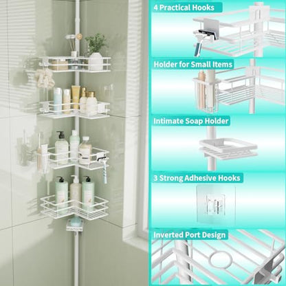 HapiRm Corner Shower Caddy Organizer - Shower Organizer Corner with Soap Holder, Toothbrush Holder and 4 Hooks, Rustproof Bathroom Shelf Tension Pole Available for 27.6 to 108.3 Inch - White