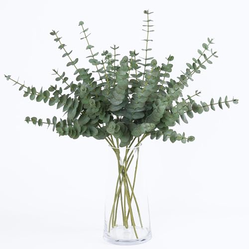 mizii 10pcs Artificial Eucalyptus Stems Silk Green Leaves 23'' Faux Eucalyptus Plants Greenery Stems Fake Flowers Decorations for Vase Floral Bouquet Table Centerpieces Wedding Decor (Green) - color: Green