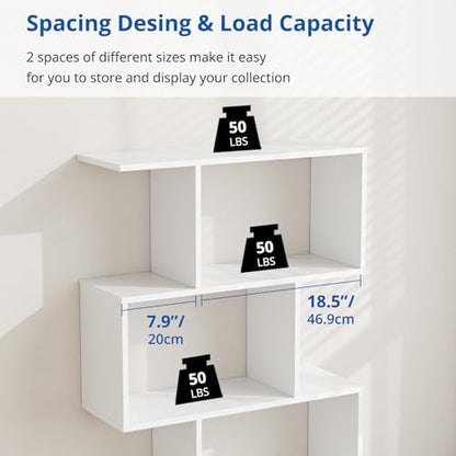 Set of 2 Geometric Bookcase, S-Shaped Modern Bookshelf, Room Divider Bookshelf, 62" Tall Unique Abstract Bookcase with 5-Tier Display Shelf for Living Room Office, White - color: White