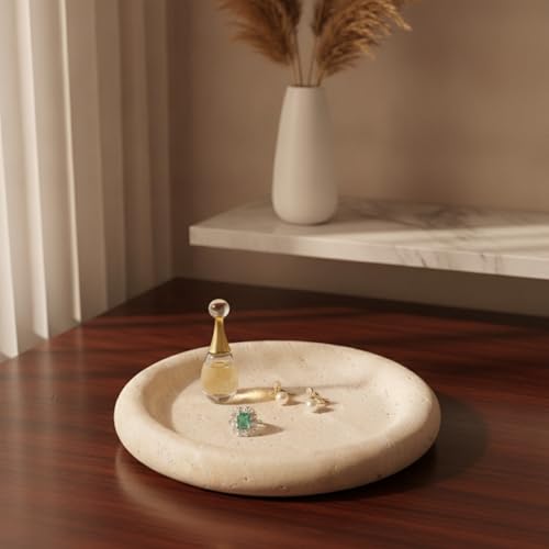 5.5 Inch Small Travertine Stone Tray Marble Jewelry Dish Trinket Tray for Women, Perfume, Coffee Table (Round) - style: Round