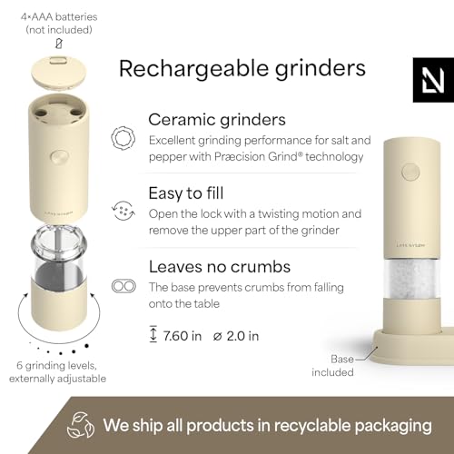 LARS NYSØM Electric Salt and Pepper Grinder Set I Automatic Salt and Pepper Mills with Adjustable Ceramic Grinder I AAA-Battery Operated Electric Spice Mill Set (Almond Beige) - color: Almond Beige