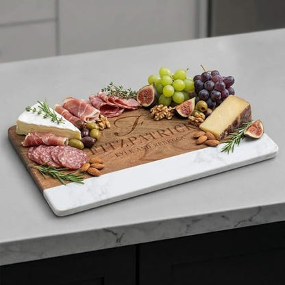 HomeWetBar Personalized Acacia Charcuterie Board | Custom 16 x 9 x 1/2 inch White Marble & Acacia Wood Cheese Board | Perfect Housewarming + Wedding + Couples Gift Idea - style: Winslow Cheese Board