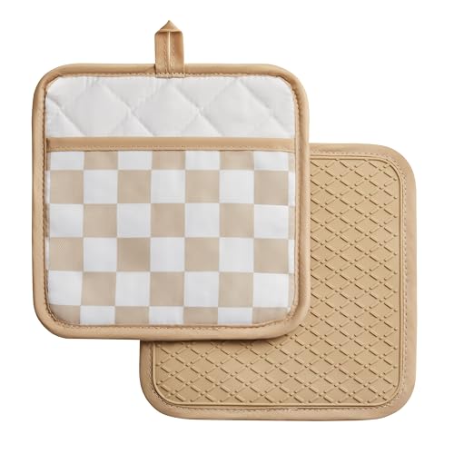 Ohocut Beige Checkered Pot Holder, Checkerboard Potholders for Kitchen, Silicone Pot Holders with Pocket for Kitchen Clearance 2 Pack Set, Hot Pads and Oven Mitts for Cooking Baking - color: Beige