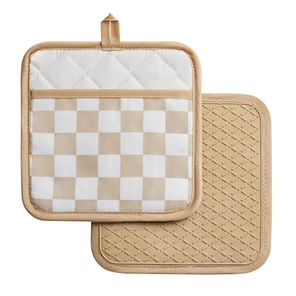 Ohocut Beige Checkered Pot Holder, Checkerboard Potholders for Kitchen, Silicone Pot Holders with Pocket for Kitchen Clearance 2 Pack Set, Hot Pads and Oven Mitts for Cooking Baking - color: Beige
