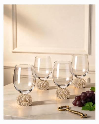 Stemless Fancy Wine Glasses Set of 4,Luxury Crystal Wine Glasses Hand Blown | 15 oz With Rhinestones Unbreakable,Perfect for Red or White Unique Wine Gifts for Women,Party,Birthday (Gold Clear) - color: Gold Red wine glass