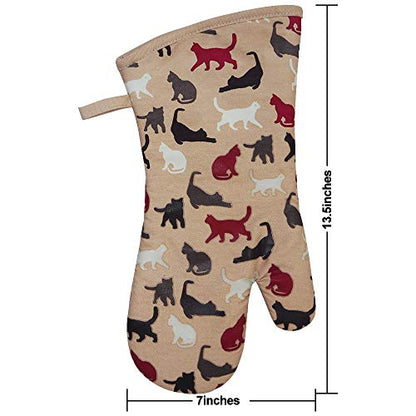 Oven Mitts 1 Pair, Non Slip Clear Silicone Printed Rooster Kitchen Gloves | Heat Resistant 480 ℉ Comfortable Cotton Lining Kitchen Men Cooking Barbecue Machine Washable (Cat, Khaki Mittens) - color: Cat, Khaki Mittens