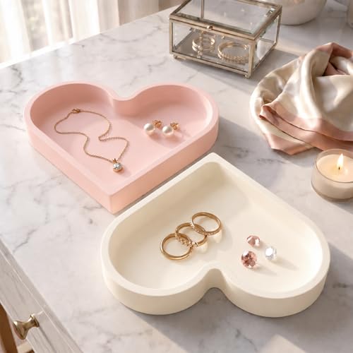2 Pack Heart Shape Silicone Jewelry Tray, Soft Shatterproof Ring Dish, Small Trinket Tray for Necklace Earrings Keys, Home Decor Gift for Mom Sister Daughter Girlfriend, Beige+Pink - color: Beige+pink